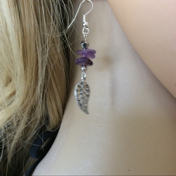 🌸 AMETHYST DANGLE DROP GEMSTONE METAL LEAF EARRINGS GYPSY BOHO PURPLE GEM TREND - Picture 5 of 7